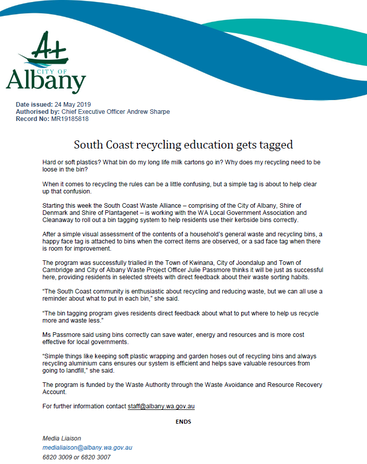 Bin Tagging Media Release